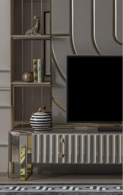 TV stojan RTV Lowboard Sideboard obývací pokoj Zlato Šedá Luxus Dřevo Nový