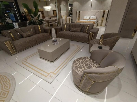 Sofa set kompletní moderní 3+3+1+1 sedák + konferenční stůl textilní pohovka dřevo