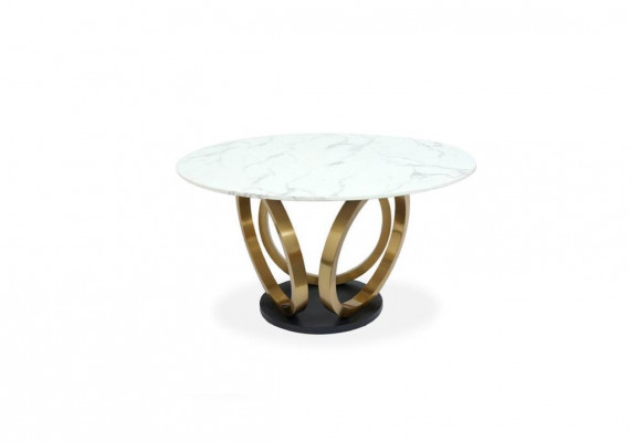 Elegantní kulatý jídelní stůl bílý s mramorovou deskou a nerezovým nohama.